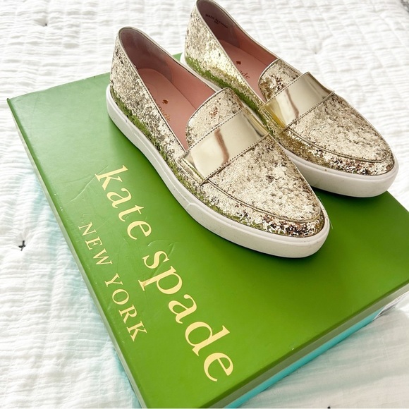 Kate Spade Gold Glitter Slip On Sneaker Loafers Size 5 - Picture 2 of 9